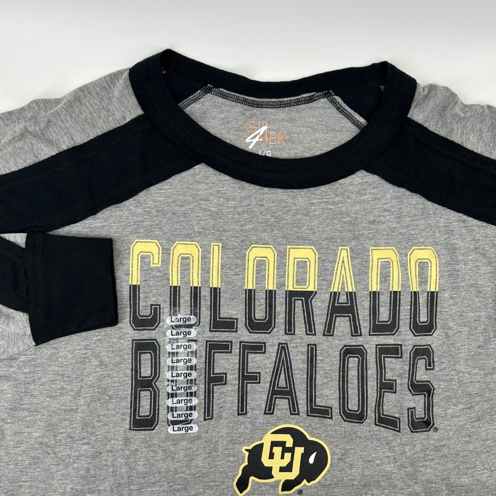 GIII 4Her Colorado Buffaloes Tee Women Large Grey Black Raglan NWT NCAA Fan Gear